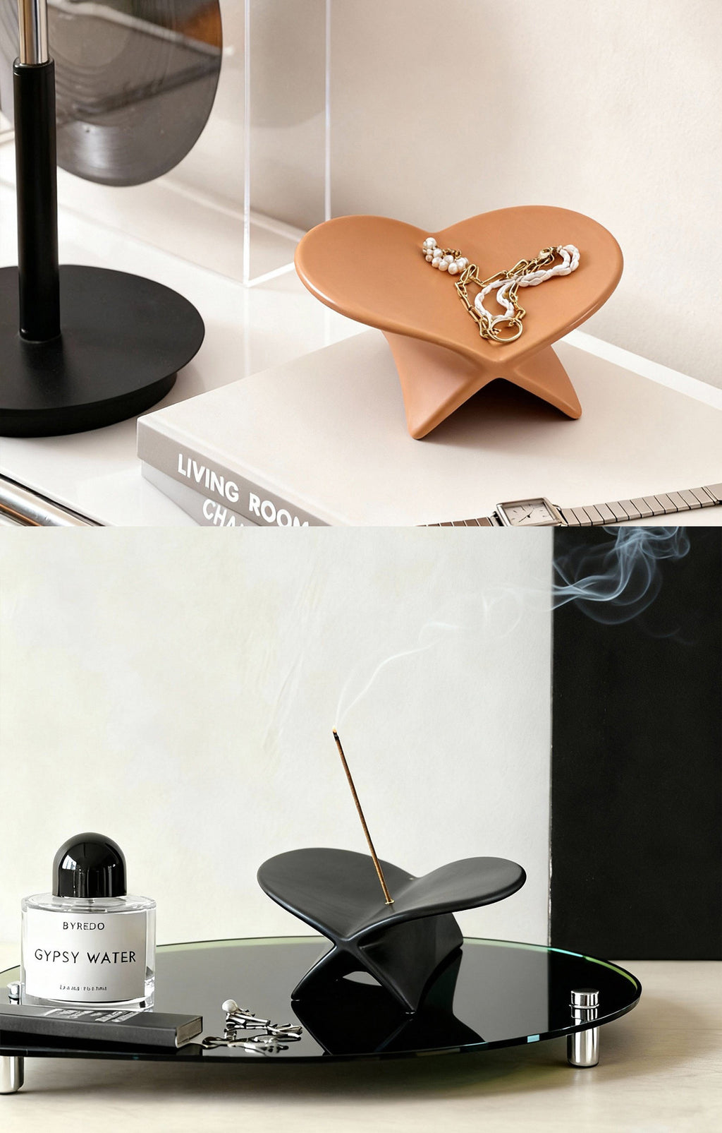 White ceramic incense holder in a calm neutral interior