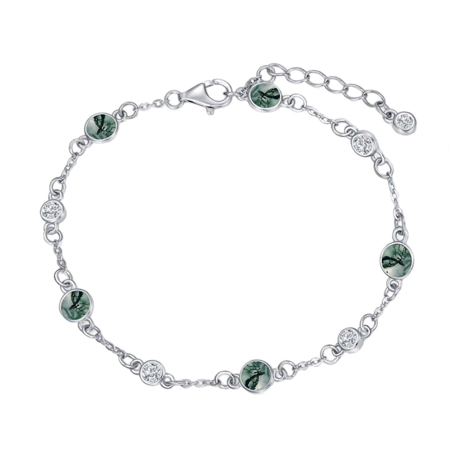 HPQQ Moss Agate Bracelet for Women Sterling Silver Natural Green Agate Stone Chain Link Bracelet Summer Beach Jewelry Anniversary Birthday Christmas Gifts for Women Sister Mom